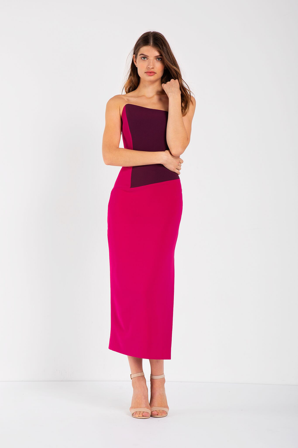 Fitted, strapless dress featuring fuchsia and plum colour blocking, asymmetrical (sloped) neckline, mid-length skirt. Fitted throughout with some stretch. Made in a woven stretch crepe fabric. 